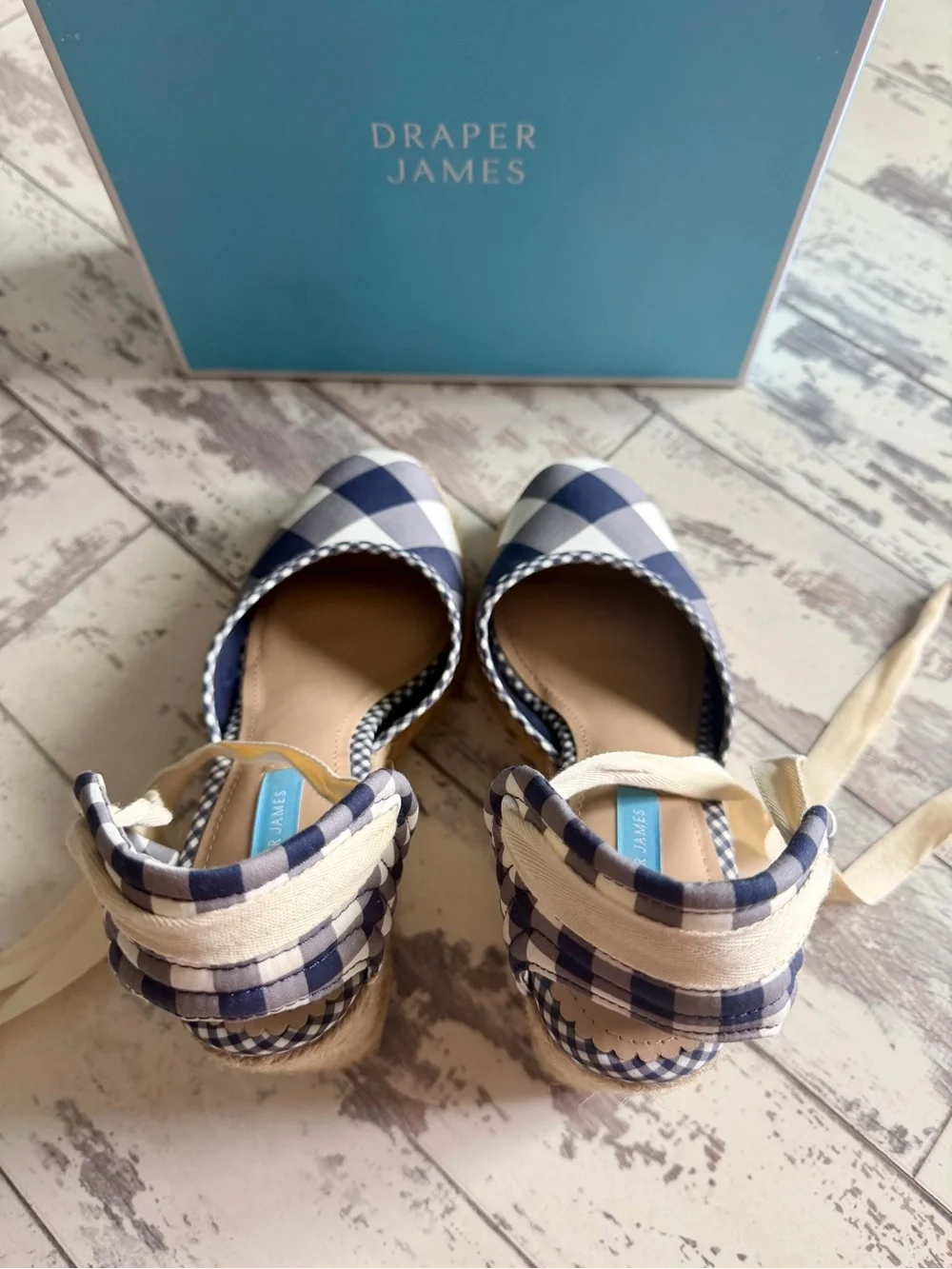 Draper James Olivia Gingham Espadrille Wedges – Navy & White, Size 8
